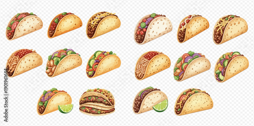 Watercolor illustration of various delicious Mexican tacos with different fillings and toppings, perfect for food-related designs.