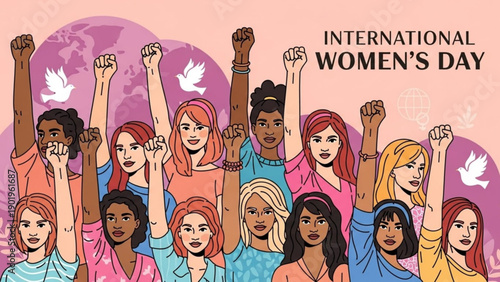 Diverse women celebrating international women's day with raised fists and doves on pink background