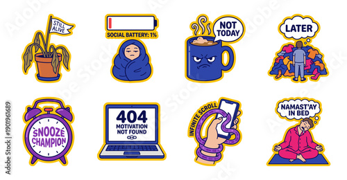 Humorous Mental Health and Burnout Sticker Set Vector