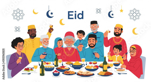 Diverse muslim family and friends gathering for eid celebration with traditional food and drinks