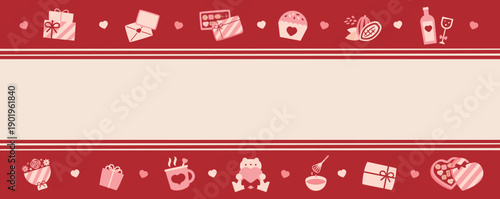 バレンタインデーのかわいい赤のバレンタインチョコのフレームの:横長背景、コピースペース付き、フラットなイラスト