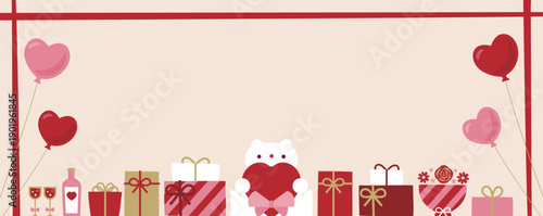 かわいいバレンタインのくまとプレゼントボックス、ギフトのフレーム、フラットデザインの横長背景でコピースペースのあるバレンタインデー素材