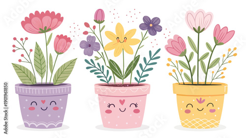Adorable cartoon flowers in smiling pots with happy faces