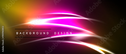 Abstract vibrant lines create dynamic light effect. Gradient colors blend, forming modern background design. Brightness contrasts dark space.