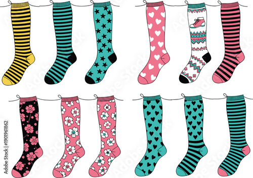 Colorful patterned socks collection with stripes hearts stars and floral designs, cute fashion hosiery set, hand drawn vector illustration