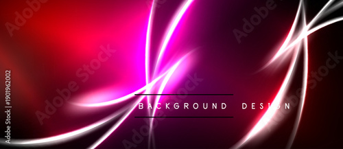 Abstract neon lines create vibrant pink, red gradients. Dark background emphasizes glowing streaks, modern design element.