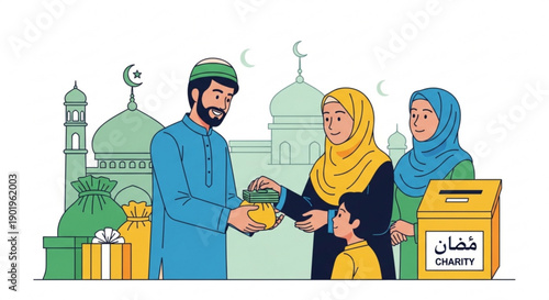 Family giving charity ramadan donations muslim community helping mosque background
