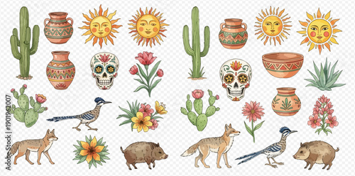 Watercolor illustration set of desert elements including cacti, animals, pottery, and flowers, isolated on white background.