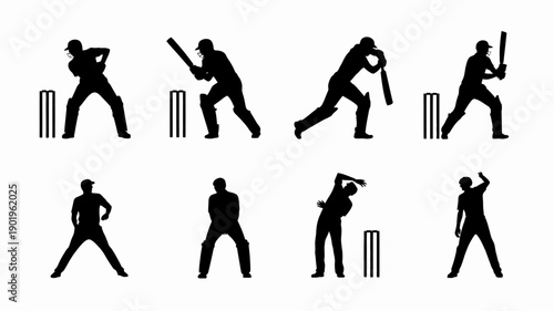 Cricket Silhouette Spectacle: A striking silhouette showcases a batsman in various action poses, capturing the dynamic essence of the game
