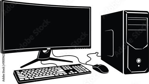 Desktop computer workstation silhouette with monitor, keyboard, mouse and CPU tower isolated on white background, modern technology and office equipment concept