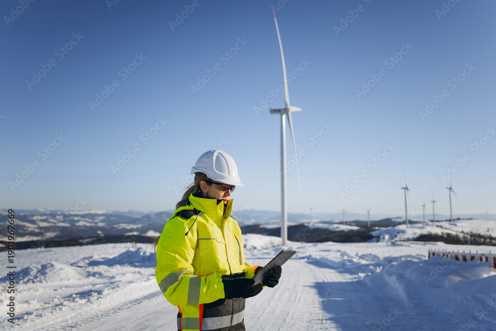 custom made wallpaper toronto digitalFemale engineer standing in large field energy windmills using Digital Tablet and inspecting wind turbines. Wind turbine in background. Wind power generation.