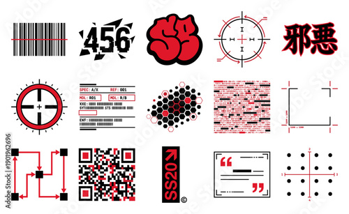 Futuristic Techwear Cyberpunk UI Graphic Element Kit for Y2K Streetwear and Sci-Fi Interface Design