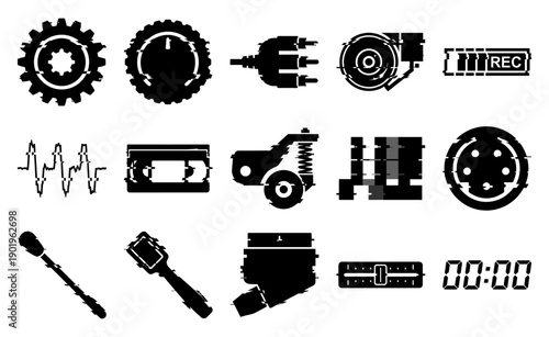 Glitch Aesthetic Industrial Mechanics and Analog Media Asset Sheet for Cyberpunk Retro Graphics