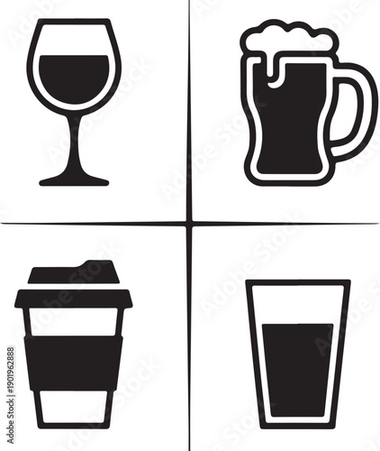 Black and white of wine glass beer mug coffee cup and soda cup