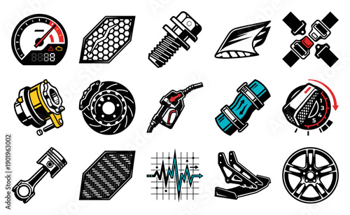 Graphic Woodcut Style Automotive Performance Components Asset Sheet for Racing and Mechanical Engineering Projects