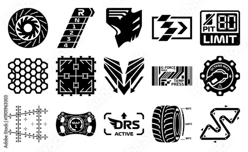 Minimalist High-Tech Automotive Racing Telemetry Icons Collection for Professional Motorsport Interface Design