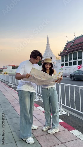 Young Couple Reading Map Near Temple at Sunset in Bangkok