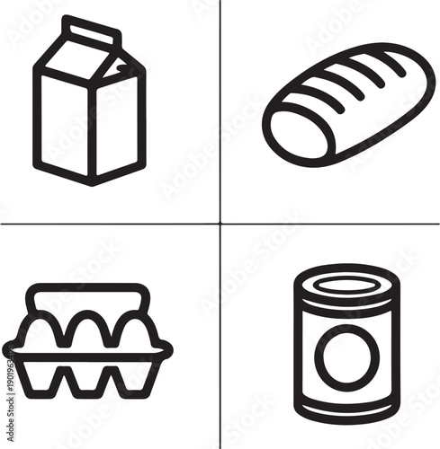 Black and white of milk carton bread egg carton and can line simple on white background