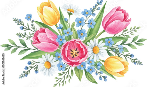 International women's day floral vector illustration with colorful tulips and flowers