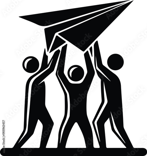 Group of people holding large paper plane for project launch silhouette vector illustration