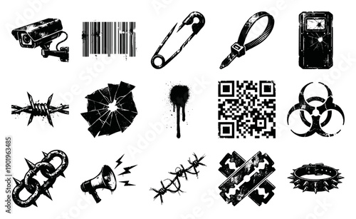 Grungy Linocut Distressed Underground Rebellion Asset Sheet for Cyberpunk and Industrial Design