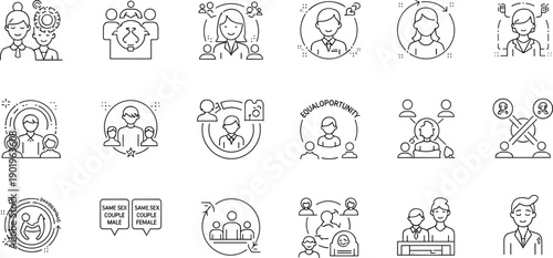 Diversity inclusion icon set, equal opportunity leadership symbols, community collaboration empowerment, social equity, accessibility concepts, flat vector illustration, ui design