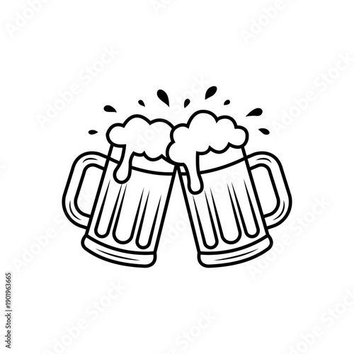 Two beer mugs clinking together in a toast. Cheers celebration vector illustration. Cartoon outline style lager with foam splash isolated on white