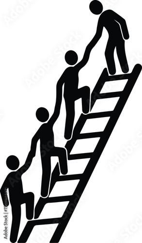 Team of people helping each other climb a ladder silhouette vector illustration