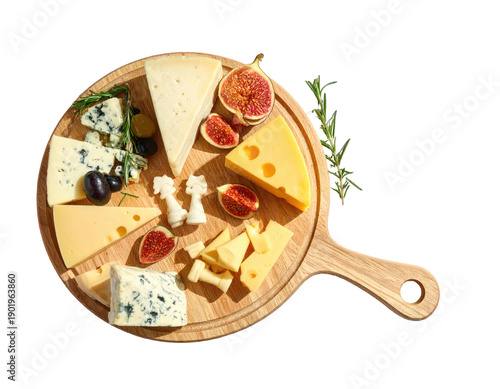 Cheese board featuring various cheeses, figs, grapes, and herbs
