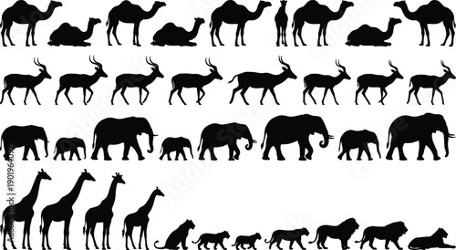 Black, African, wildlife, animal, silhouettes, collection, including, elephants, giraffes, lions, camels, and, gazelles, isolated, on, white, background, for, creative, designs.