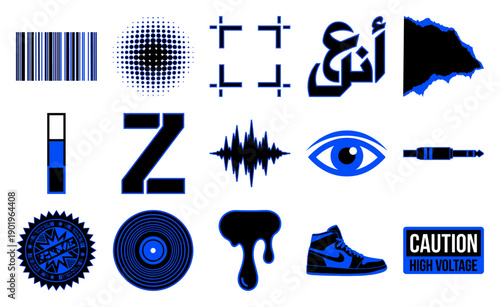 Neo-Brutalist Urban Graphic Element Kit featuring Blue and Black Streetwear Symbols for Contemporary Branding