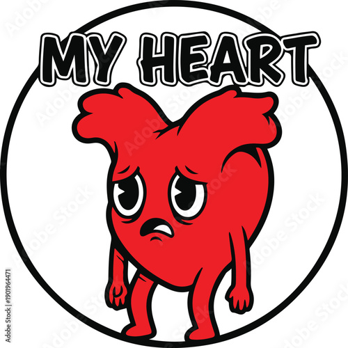 "My Heart" vector illustration featuring a sad, anthropomorphic red heart character with puppy-like ears, droopy eyes, and a frowning expression, enclosed in a circular badge design.