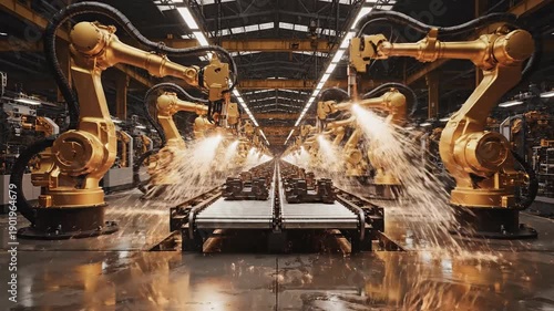 Dramatic view of automated production line with golden robotic arms welding, showering sparks onto the floor. Use for industry 4.0 concepts.