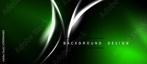 Abstract green background features flowing silver lines. Modern design with dark, bright gradients. Text reads background design.