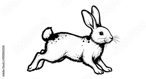 A black and white illustration of a rabbit running.