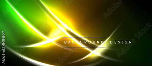 Abstract neon lines create vibrant gradient effect. Dark background emphasizes bright yellow, green illumination. Modern design element.