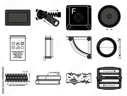 Technical Line Art Garment Manufacturing Elements Kit for Apparel Design and Industrial Sewing Documentation