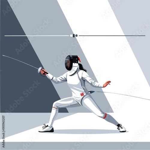 Female fencer in white uniform with foil in a ready stance.