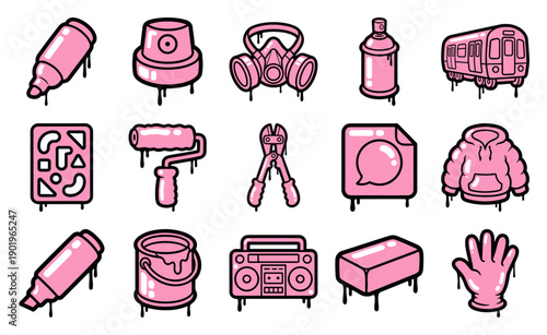 Pink Dripping Graffiti Culture Element Kit featuring Street Art Tools and Urban Lifestyle Icons