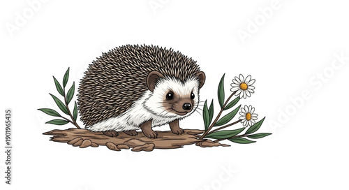 Adorable Hedgehog Standing on a Log Surrounded by Plants and Flowers.