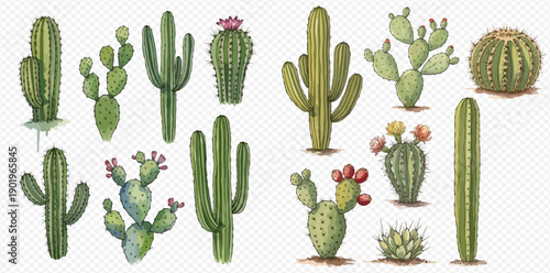 Set of various watercolor cactus and succulent plants, including prickly pear and saguaro, isolated on transparent background.