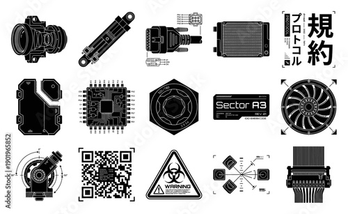 Industrial Cyberpunk Technical Schematics Asset Sheet for Sci-Fi Aerospace Interface Design