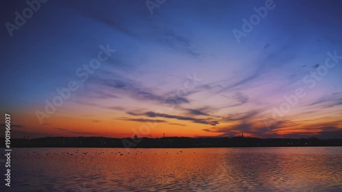 多摩川の静かな夕暮れ｜水面に映るマジックアワーの反映と渡り鳥のシルエット