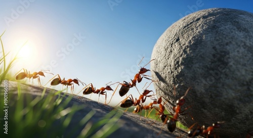 Power of Teamwork A Group of Ants Pushing a Stone The Concept of Strength Unity and Determination 110 chars