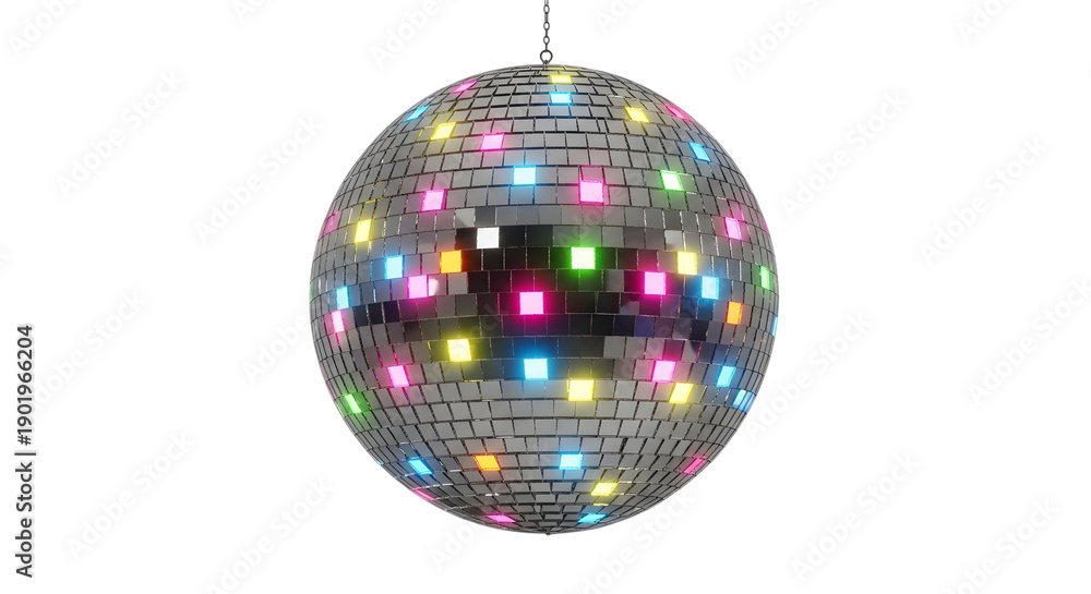 Obraz premium Colorful disco ball with multicolored lights reflecting on its surface isolated on a transparent background