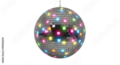 Colorful disco ball with multicolored lights reflecting on its surface isolated on a transparent background