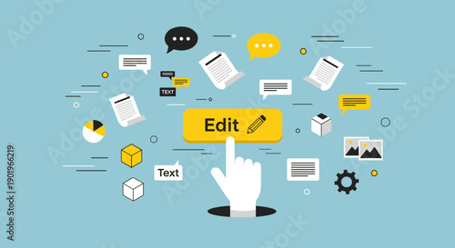 Content Editing Illustration – Digital Tools, Writing, and Document Management Concept