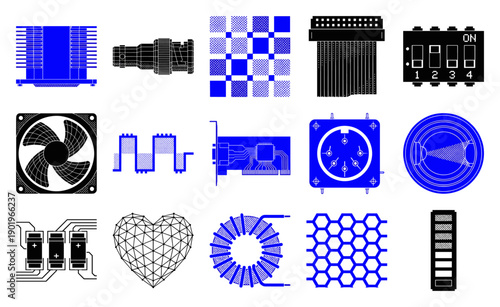 Two-Tone Technical Schematic Elements Graphic Set for Industrial Engineering and Computer Hardware Design Documentation