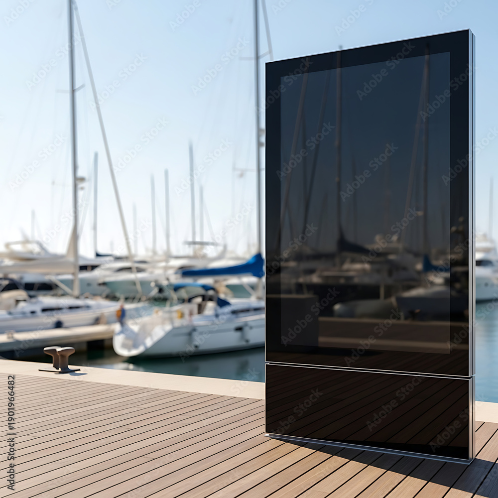 Fototapeta premium Outdoor Digital Kiosk Screen Mockup at Luxury Marina with Yachts and Boats