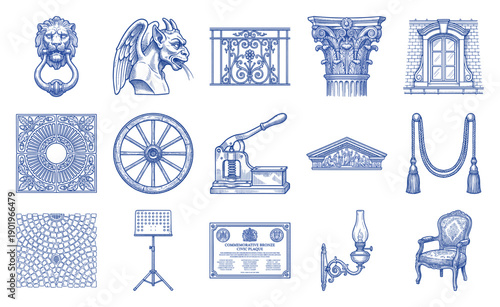 Vintage Hand-Drawn Engraving Architecture and Antique Objects Element Kit for Heritage Design Projects